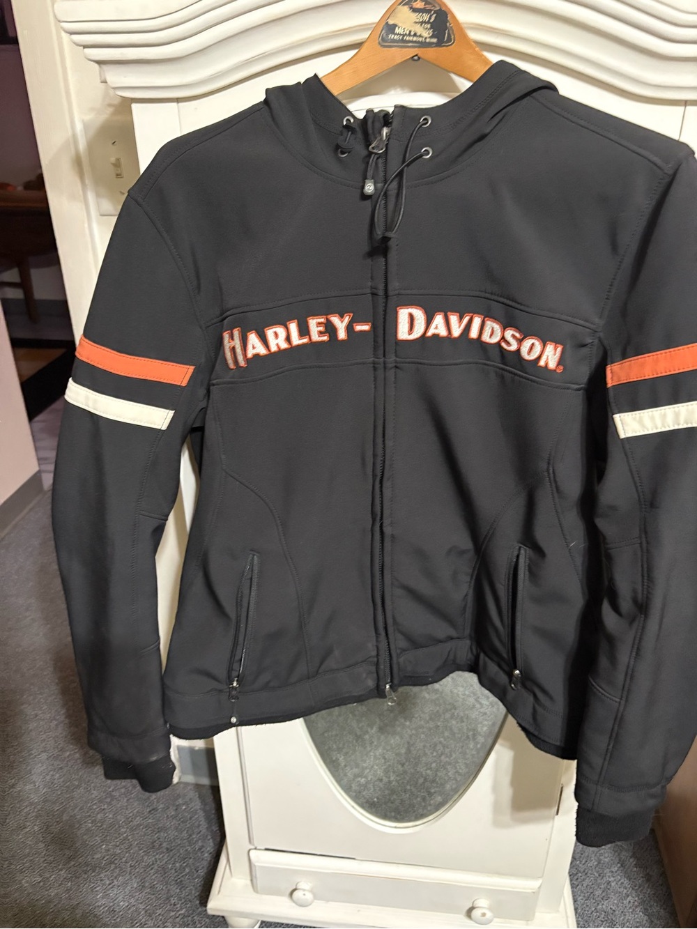 Harley-Davidson Black Hooded Zip Jacket with Orange & White Stripes